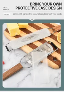 Stainless steel grater with wooden handle and protective cover for kitchen cheese and lemon zest.