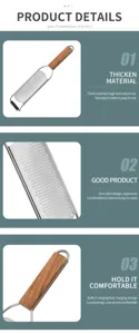 Stainless steel cheese grater detail, wood handle grip close-up, kitchen tool close-up
