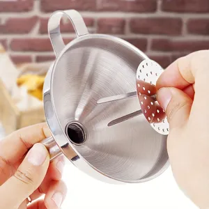 Stainless steel kitchen oil funnel detail view with removable strainer for easy liquid filtering.