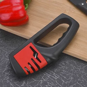 Multi-functional kitchen knife sharpener with ergonomic handle and dual slots for fast sharpening.