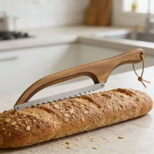 Détail couteau à pain en acacia, trancheuse à pain poignée bois gros plan cuisine