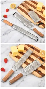 Stainless steel kitchen cheese grater with wooden handle for lemon and vegetable slicing