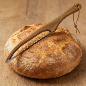 Détail de couteau à pain en bois d'acacia avec poignée ergonomique et lame dentelée sur pain.