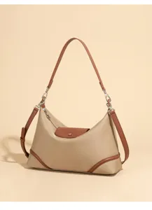 Lässige Nylon Hobo Umhängetasche mit Lederbesatz, praktischem Überschlag und grossem Fach.