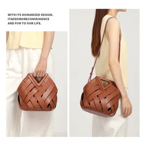 Women Woven Leather Shoulder Bag Retro Triangular Cutout Handle Crossbody Handbag