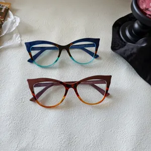 Color-block cat-eye clear glasses frame, fashion gradient anti-blue light eyewear for women.