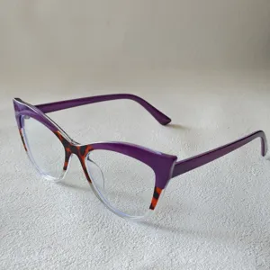 Detailed close-up view of the trendy cat-eye purple leopard print clear glasses