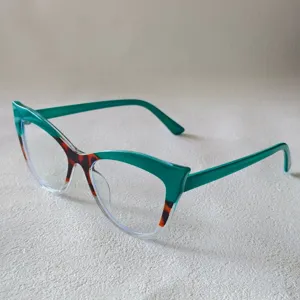 Detailed view of trendy colorblock cat-eye glasses frame, stylish green and leopard design.