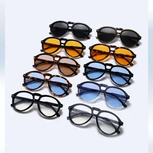 Lunettes de Soleil Aviateur Rétro pour Hommes Femmes Double Pont Monture PC Verres Résine Protection UV400 Mode