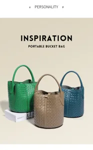 Geflochtene Leder Eimer Tasche Detail zeigt komplizierte handgefertigte Textur und Design.