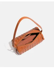 Braune Leder geflochtene Zylinder Schultertasche, schicke elegante Alltag Handtasche Damen.