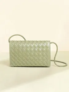 Dames Handgeweven Envelop Schoudertas PU Leer Meerdere Compartimenten Telefoon Crossbody Tas Minimalistische Klep Kleine Vierkante Tas
