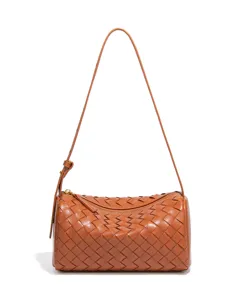 Damen Handgewebte PU Leder Boston Kissen Tasche Casual Pendler Zylindrische Umhängetasche