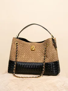 Borsa a Secchiello Intrecciata a Mano Per Donna Spalla in Finta Pelle Scamosciata Patchwork Borsa Vintage Pendolare Catena Metallo