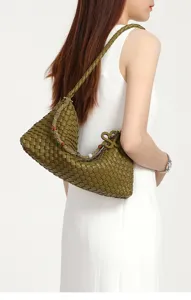 Woven hobo shoulder bag for women, handmade leather dumpling purse, stylish green underarm bag
