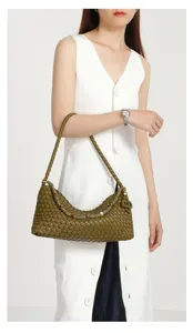 Olive green woven shoulder bag for women, handmade leather hobo bag with bead strap.