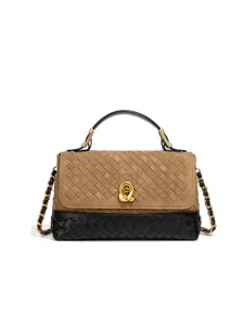 Sac à Main Femme Vintage Tissé à la Main en Cuir PU Maillard Patchwork Sac Bandoulière Chaîne Sac à Épaule