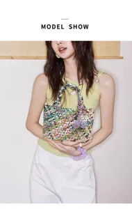 Colorful woven handbag for women, fashion handmade basket tote bag with cute knot pendant.