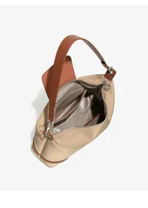 Beige Nylon Hobo Umhängetasche mit braunem Lederriemen lässige minimalistische Tasche