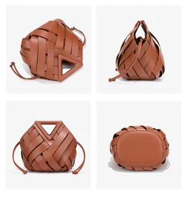 Brown woven leather shoulder bag with unique triangular cutout handle, retro daily handbag.