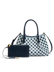 Women Woven PU Leather Tote Bag Large Capacity Grid Pattern 2-in-1 Handbag Shoulder Bag Trendy Commuter Shopper Bag