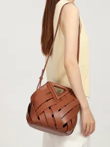 Women Brown Woven Crossbody Bag Triangle Cutout Handbag PU Leather Retro Shoulder Bag