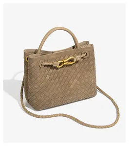 Woven leather handbag stylish top handle crossbody tote bag for women taupe color