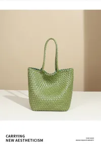 Woven leather tote bag for women large capacity casual shoulder bag green handbag