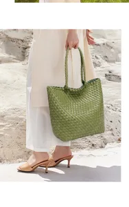 Woven tote bag for women large capacity leather shoulder bag casual commuting handbag