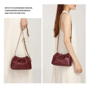 Women Woven Leather Shoulder Bag Classic Quilted Chain Crossbody Bag Burgundy Handbag