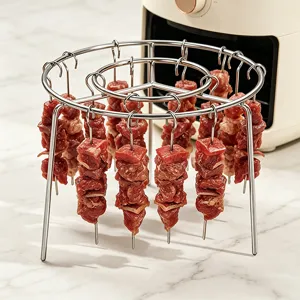 Stainless steel air fryer vertical skewer rack detail, dual layer hanging kebab holder design.