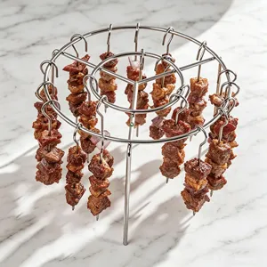 Stainless steel vertical BBQ skewer rack for air fryer, hanging kebab holder detail view.