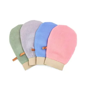 Exfoliating bath mitt detail showing texture and multi-color options for body scrub.