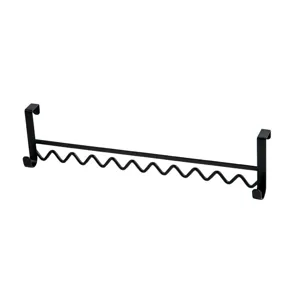 Over-the-door metal hanging rack detail, black bunk bed clothes storage hook with wavy design.