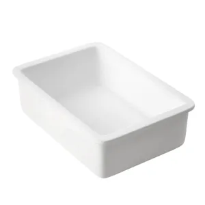 Vista dettaglio scatola portaoggetti bianca, design rettangolare semplice per organizzare.