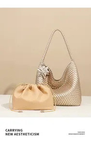 Champagner goldene gewebte Tasche mit Sternanhänger und Beutel für Damen Schultertasche