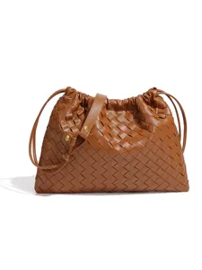 Damen Geflochtene PU Leder Beuteltasche Plissee Kordelzug Schulter Umhängetasche Minimalistisch Lässige Wolke Pendler Handtasche