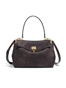 Minimalist Nubuck Leather Top Handle Bag Western Retro Lock Clasp Shoulder Bag Casual Commuting Tote Crossbody Bag For Women