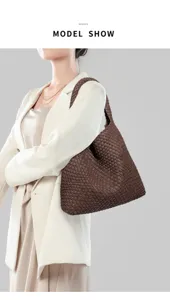 Woven PU leather shoulder bag brown underarm tote bag casual stylish women handbag
