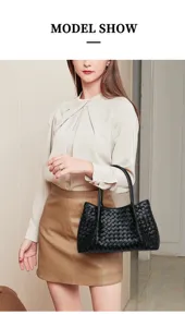 Handgeflochtene Leder-Tasche minimalistisch schwarz Henkeltasche schick lässige Alltagstasche