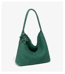 Dark green woven hobo shoulder bag, vintage large capacity tote bag for women daily use.