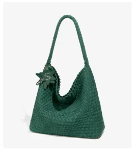 Green woven velvet hobo shoulder bag with star charm large capacity underarm tote bag.