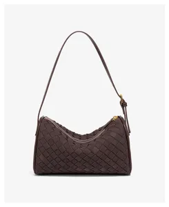 Dark brown woven leather shoulder bag, chic retro cylinder pillow handbag for women.