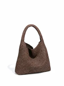 Brown woven leather shoulder bag women chic underarm bag soft PU tote handbag for daily commute