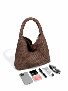 Brown woven PU leather hobo shoulder bag, stylish casual tote bag for women daily commute.