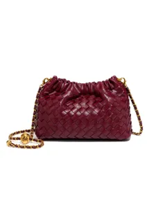 Luxury woven leather shoulder bag for women, chic pleated pouch with gold chain strap.
