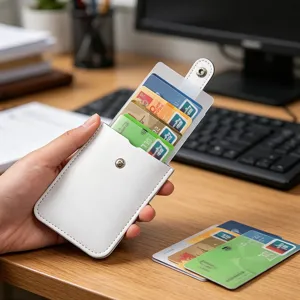 White PU leather pull-out multi-card holder card case wallet for credit cards and ID.