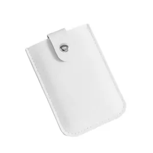 White PU leather card holder with snap button closure, minimalist ID card sleeve for daily use.