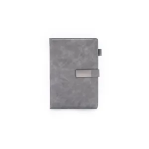 A5 gray business PU leather notebook with magnetic metal clasp and pen holder for office study.