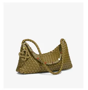 Handmade woven olive green leather hobo shoulder bag, stylish dumpling purse for women.
